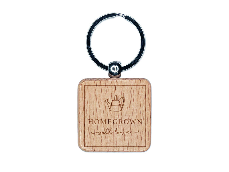 Delicate Homegrown with Love Watering Can Label Engraved Wood Square Keychain Tag Charm