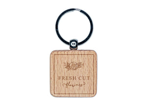 Elegant Fresh Cut Flowers Label Engraved Wood Square Keychain Tag Charm