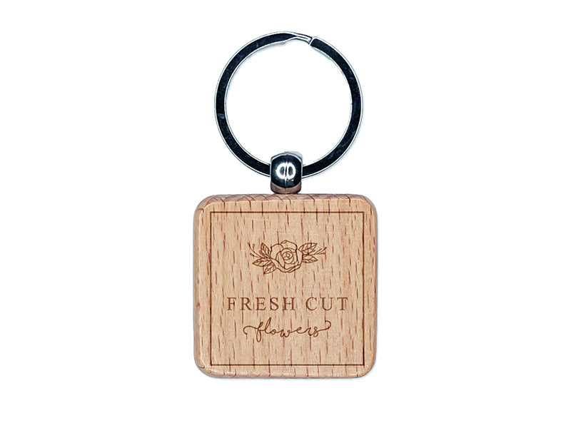 Elegant Fresh Cut Flowers Label Engraved Wood Square Keychain Tag Charm