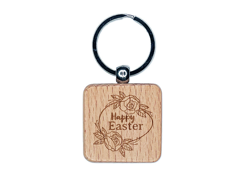 Happy Easter Egg with Elegant Roses Engraved Wood Square Keychain Tag Charm
