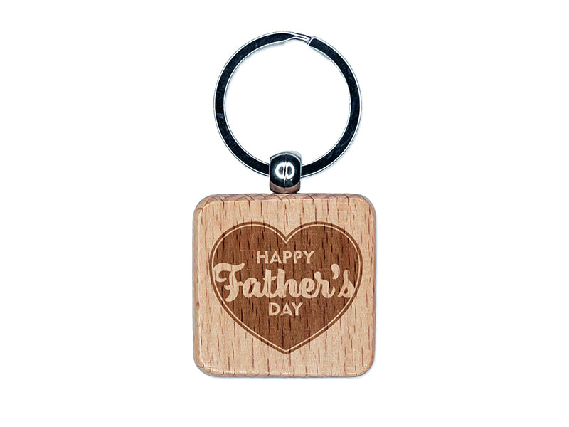 Happy Father's Day Heart Engraved Wood Square Keychain Tag Charm