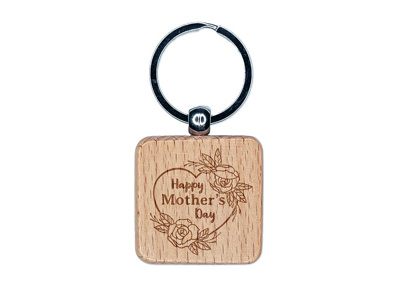 Happy Mother's Day Heart with Elegant Roses Engraved Wood Square Keychain Tag Charm