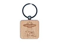 Alien UFO Abducting a Cow Engraved Wood Square Keychain Tag Charm