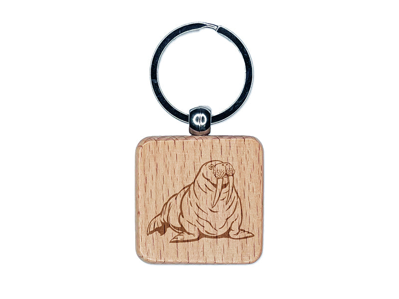 Chubby Pacific Walrus Engraved Wood Square Keychain Tag Charm