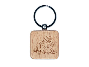 Chubby Pacific Walrus Engraved Wood Square Keychain Tag Charm