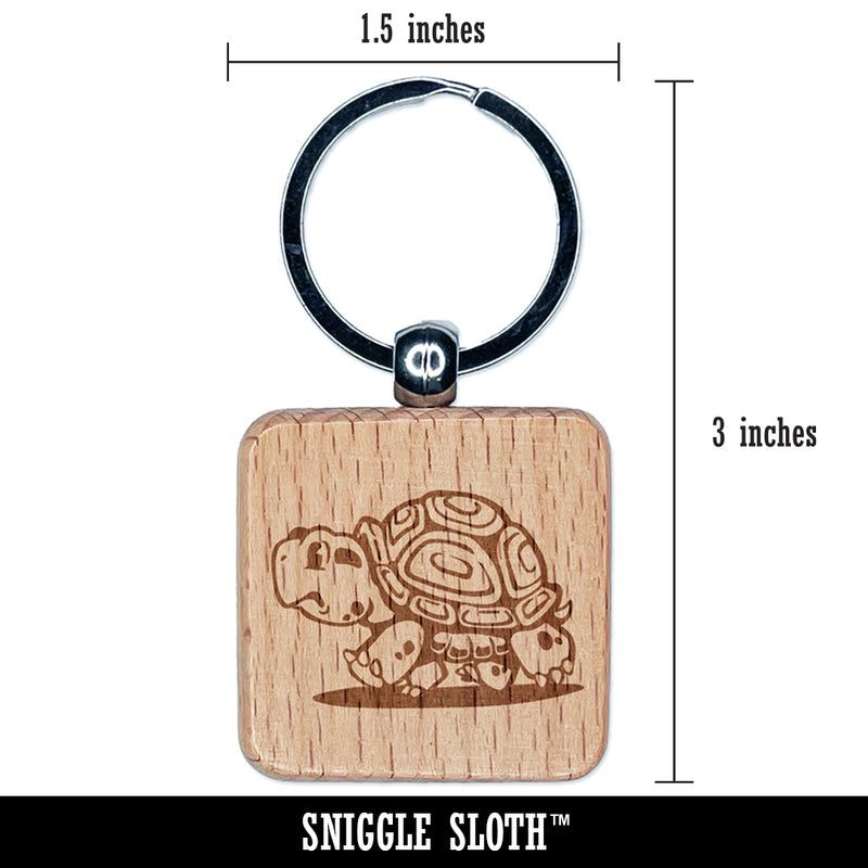 Cute Cartoon Turtle Walking Engraved Wood Square Keychain Tag Charm