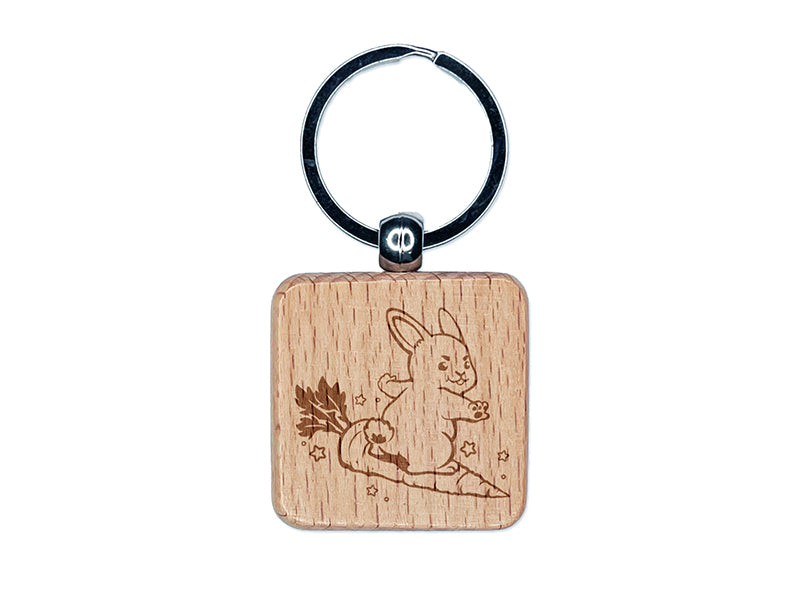 Cute Kawaii Bunny Rabbit Surfing on Carrot Easter Engraved Wood Square Keychain Tag Charm