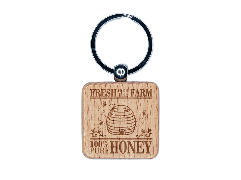 Fresh From The Farm Beehive Pure Honey Engraved Wood Square Keychain Tag Charm