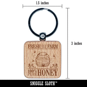 Fresh From The Farm Beehive Pure Honey Engraved Wood Square Keychain Tag Charm