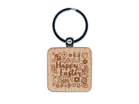 Happy Easter with Bunny Chicks Flowers and Eggs Engraved Wood Square Keychain Tag Charm