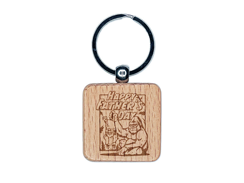 Happy Father's Day Silverback Gorilla Ape Dad Engraved Wood Square Keychain Tag Charm