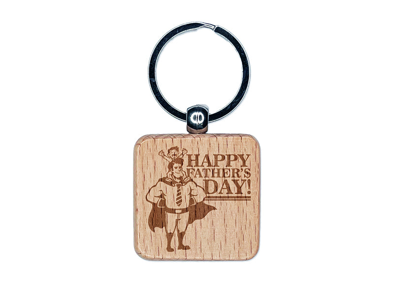 Happy Father's Day Superhero Dad with Cape and Tie Engraved Wood Square Keychain Tag Charm