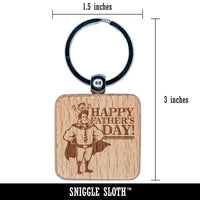 Happy Father's Day Superhero Dad with Cape and Tie Engraved Wood Square Keychain Tag Charm