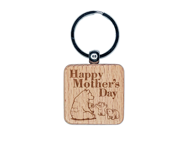 Happy Mother's Day Momma Bear with Cubs Engraved Wood Square Keychain Tag Charm
