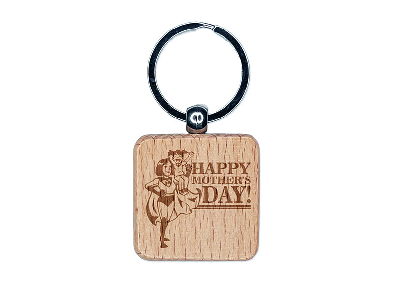Happy Mother's Day Superhero Mom with Cape Engraved Wood Square Keychain Tag Charm