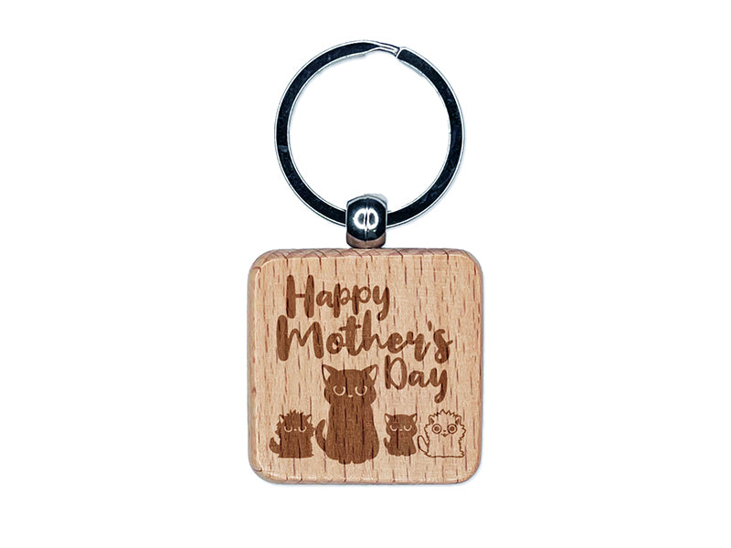 Happy Mother's Grouchy Mad Mom Cat with Kittens Engraved Wood Square Keychain Tag Charm