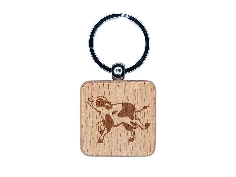 Happy Prancing Spotted Cow Calf Engraved Wood Square Keychain Tag Charm