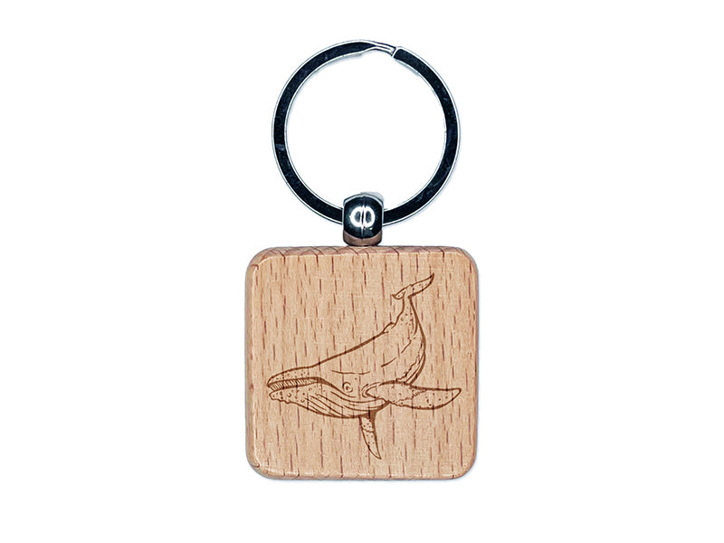 Humpback Whale Engraved Wood Square Keychain Tag Charm