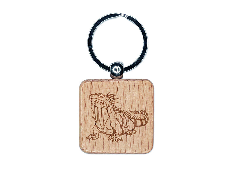 Lazy Lounging Lizard Iguana Engraved Wood Square Keychain Tag Charm