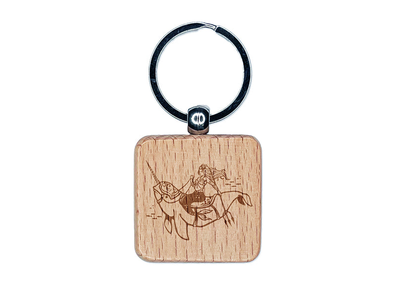 Majestic Mermaid Riding Narwhal Engraved Wood Square Keychain Tag Charm