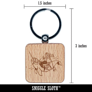 Majestic Mermaid Riding Narwhal Engraved Wood Square Keychain Tag Charm
