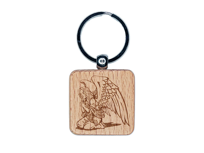 Praying Winged Angel Woman Engraved Wood Square Keychain Tag Charm