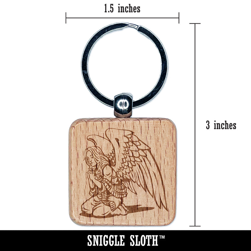Praying Winged Angel Woman Engraved Wood Square Keychain Tag Charm