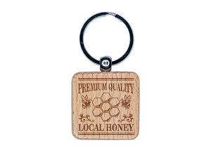 Premium Quality Local Honey with Bees and Honeycombs Engraved Wood Square Keychain Tag Charm