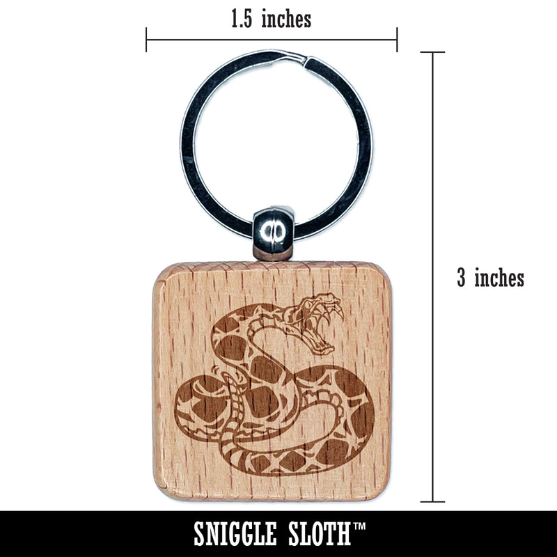 Vicious Eastern Diamondback Rattlesnake Engraved Wood Square Keychain Tag Charm