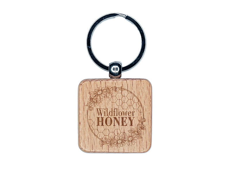 Wildflower Honey with Honeycombs and Daisy Flowers Engraved Wood Square Keychain Tag Charm