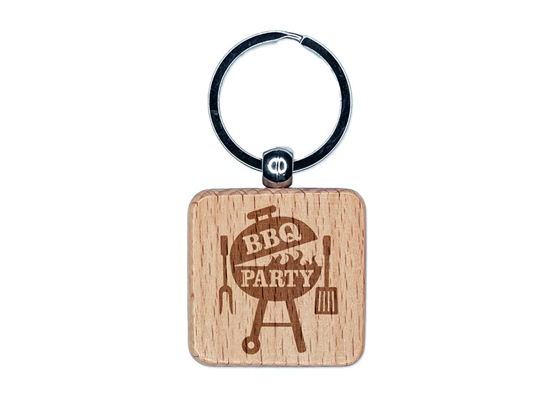 BBQ Party Grilling Engraved Wood Square Keychain Tag Charm