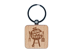 BBQ Party Grilling Engraved Wood Square Keychain Tag Charm