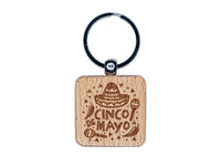 Cinco De Mayo with Sombrero Maracas Engraved Wood Square Keychain Tag Charm