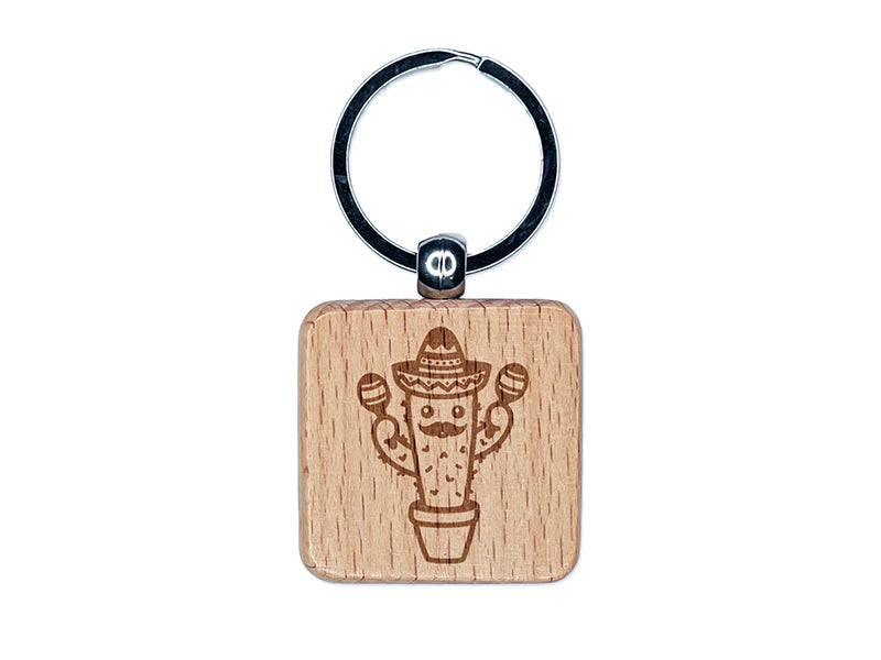 Fiesta Cactus in Sombrero Cinco de Mayo Engraved Wood Square Keychain Tag Charm