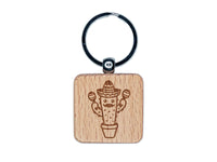 Fiesta Cactus in Sombrero Cinco de Mayo Engraved Wood Square Keychain Tag Charm