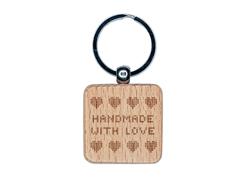Handmade with Love Cross Stitch Engraved Wood Square Keychain Tag Charm