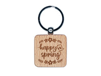 Happy Spring Bird and Flowers Engraved Wood Square Keychain Tag Charm