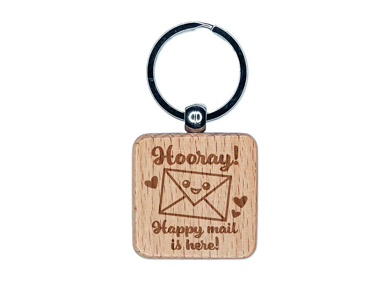 Hooray Happy Mail is Here Engraved Wood Square Keychain Tag Charm