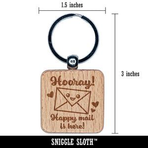 Hooray Happy Mail is Here Engraved Wood Square Keychain Tag Charm