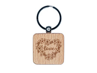 Love Script in Flower Heart Wreath Engraved Wood Square Keychain Tag Charm