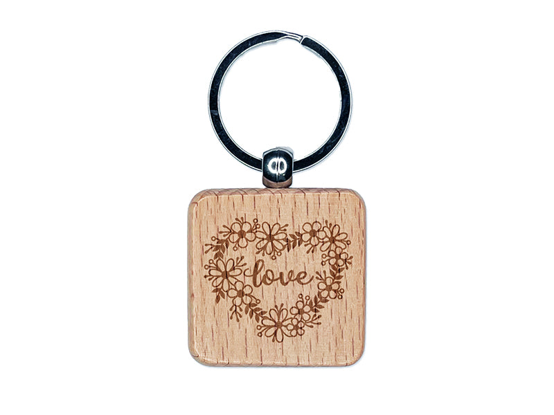 Love Script in Flower Heart Wreath Engraved Wood Square Keychain Tag Charm