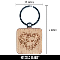 Love Script in Flower Heart Wreath Engraved Wood Square Keychain Tag Charm