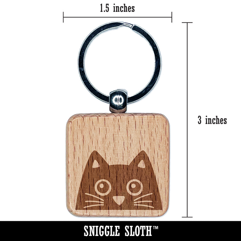 Peeking Black Cat Engraved Wood Square Keychain Tag Charm