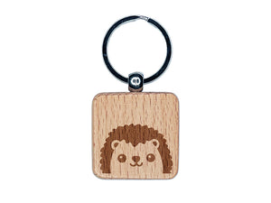 Peeking Hedgehog Engraved Wood Square Keychain Tag Charm