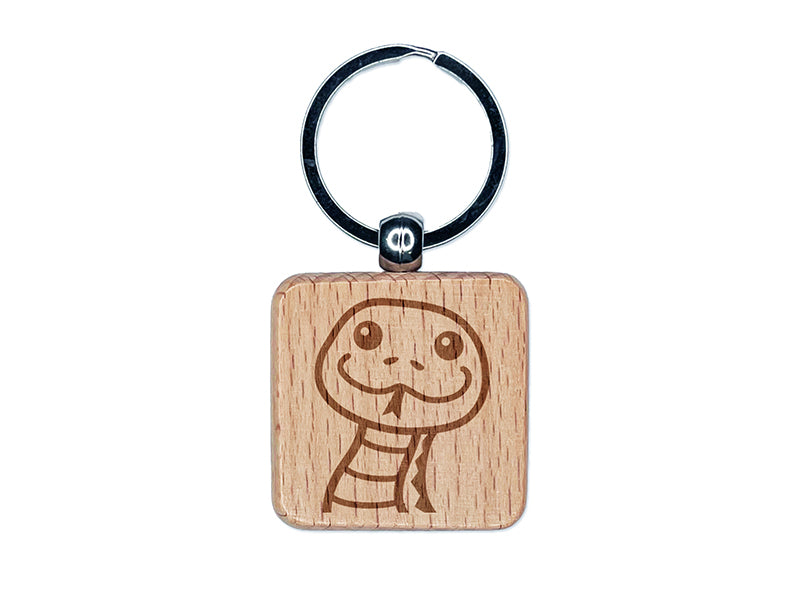 Peeking Snake Engraved Wood Square Keychain Tag Charm