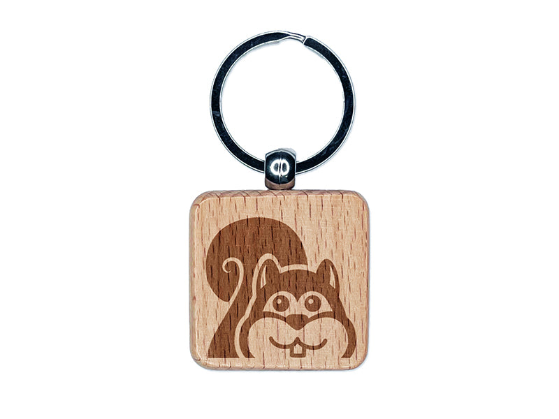 Peeking Squirrel Engraved Wood Square Keychain Tag Charm