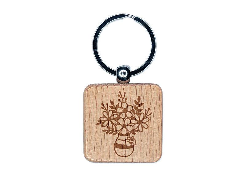 Vase with Bouquet of Flowers Engraved Wood Square Keychain Tag Charm