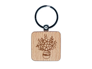 Vase with Bouquet of Flowers Engraved Wood Square Keychain Tag Charm