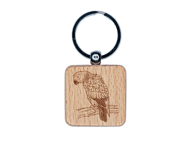 African Grey Parrot on a Branch Engraved Wood Square Keychain Tag Charm