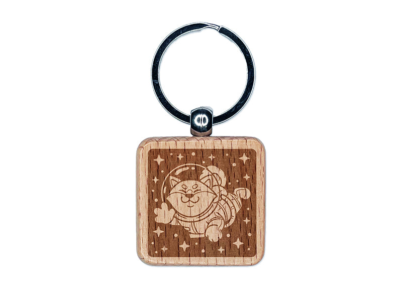 Akita Dog Astronaut Floating in Space Engraved Wood Square Keychain Tag Charm